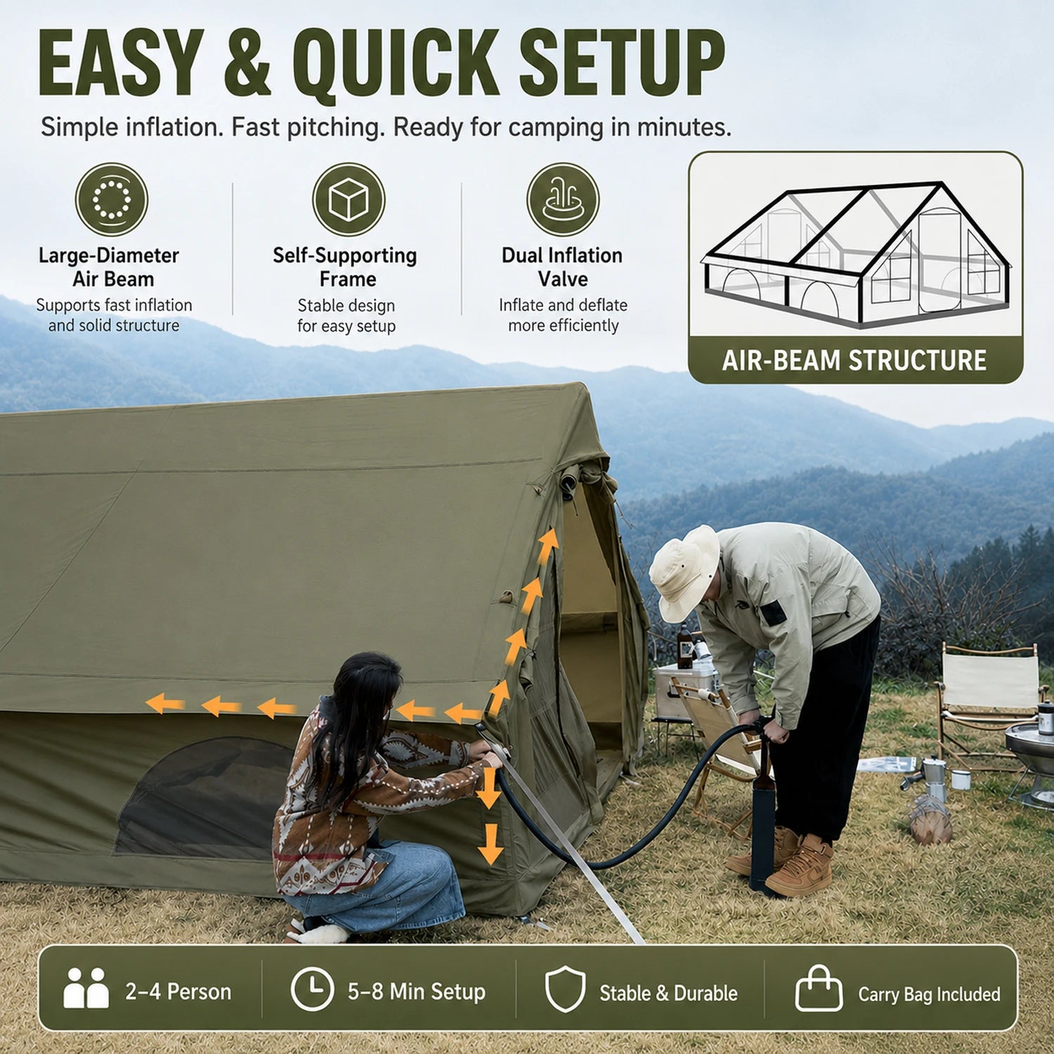 Inflatable Tents for Camping,Easy Blow Up Tent with Hand Pump,4 Seasons Air Inflatable Camping Tent House for Weekend Camping