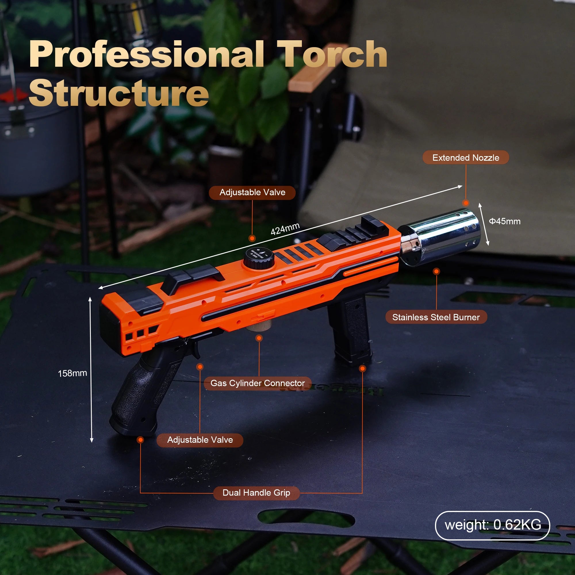 Propane Torch Gun, Adjustable Stable Flame, Ideal for Kitchen Cooking, Sous Vide, BBQ, Campfire, Fireplace (Tank Not Included)