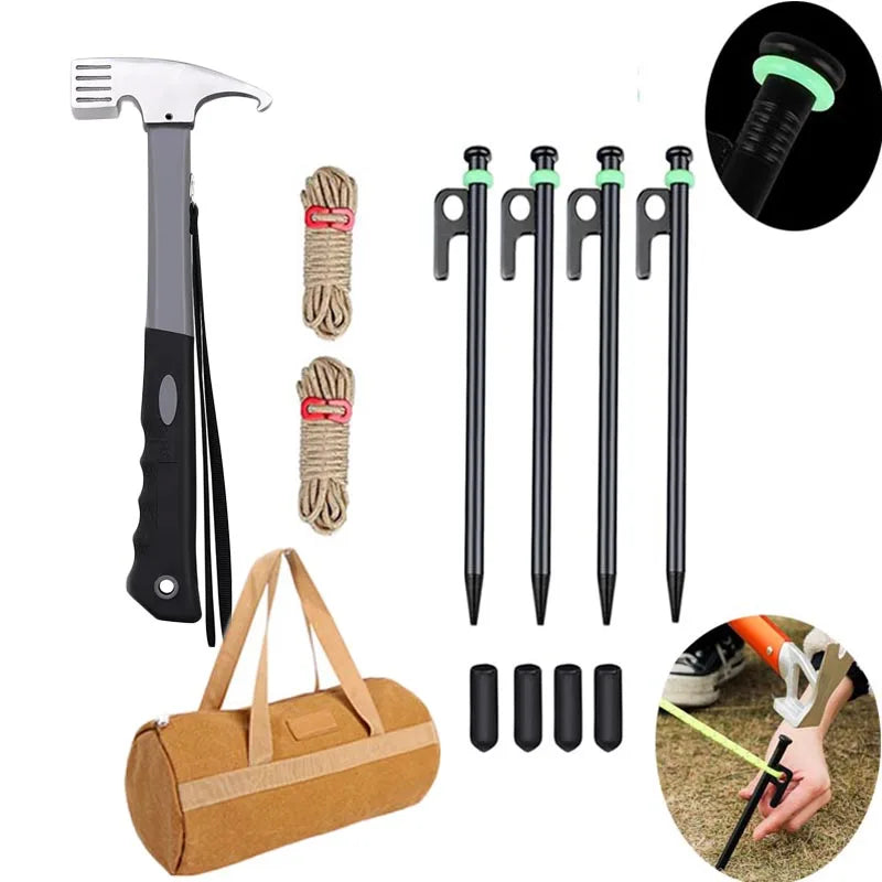 Tent Stakes Heavy Duty & Hammer Set  Steel Tent Pegs+Storage Bag +Fluorescent Rubber Circle for Camping Grassland,Canopies