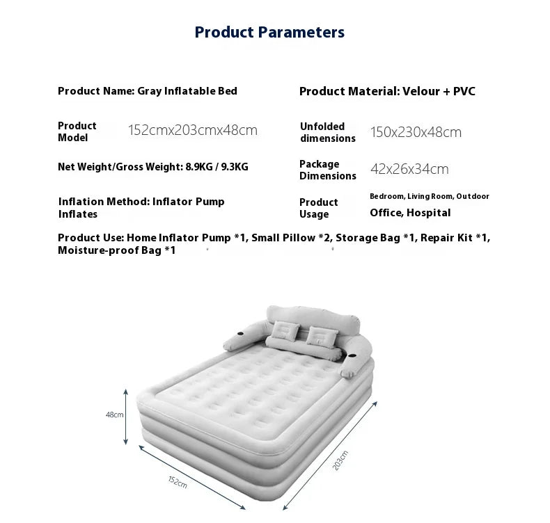2 Persons Inflatable Mattress Indoor Outdoor Air Cushion 48cm High Bed Camping Folding Home Lazy Laying Soft Skin-friendly