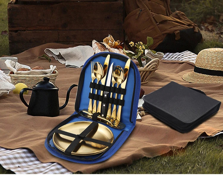 Ultimate Camping Tableware Set with Bag Portable Cutlery Kit for Outdoors Camping Utensils Including Steak Knives,Forks,Spoons