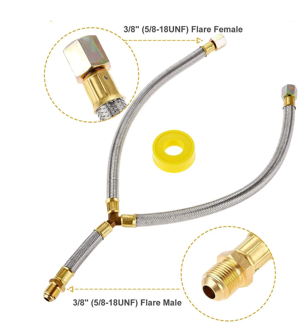 Propane Grill Y-Splitter Extension Adapter Braided Hose Length 15 with 3/8" Flare Connection with Gas Line Pipe Thread Tape Kit