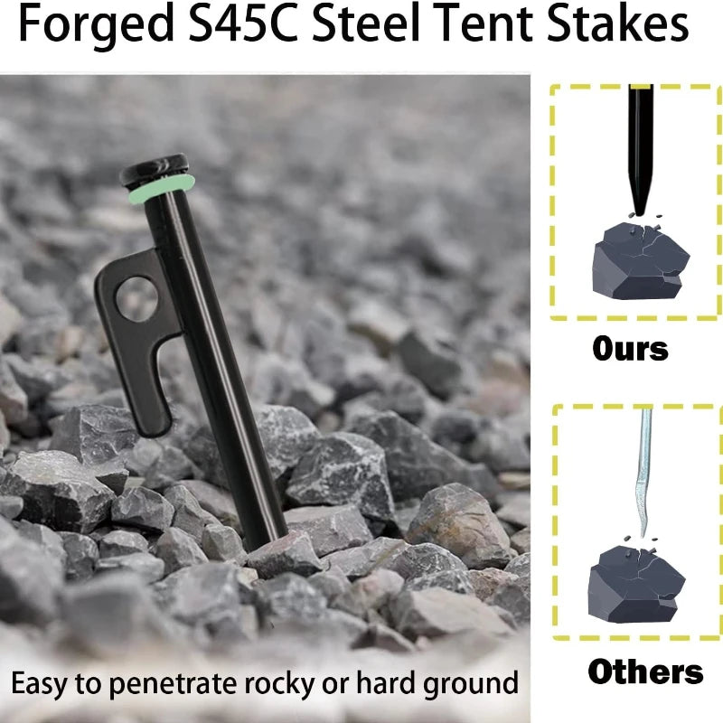 Tent Stakes Heavy Duty & Hammer Set  Steel Tent Pegs+Storage Bag +Fluorescent Rubber Circle for Camping Grassland,Canopies