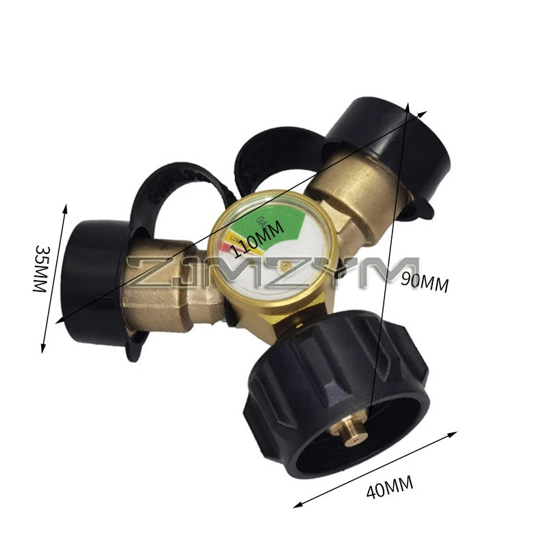 Propane Splitter, Propane Tank Y Splitter Adapter With Gauge, 2 Way Gas Adapter Tee Connector For Propane Tank Cylinder