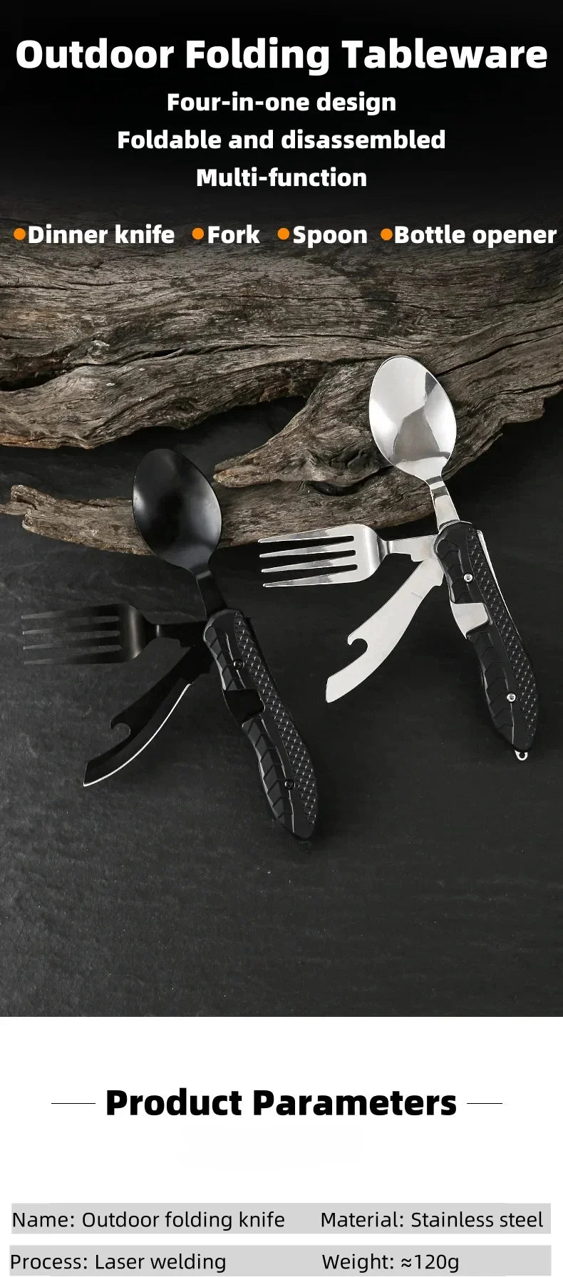 Outdoor Camping Utensils Portable Stainless Steel Foldable Spoon Fork Knife Bottle Opener Combo Set Cutlery Tableware Multitool