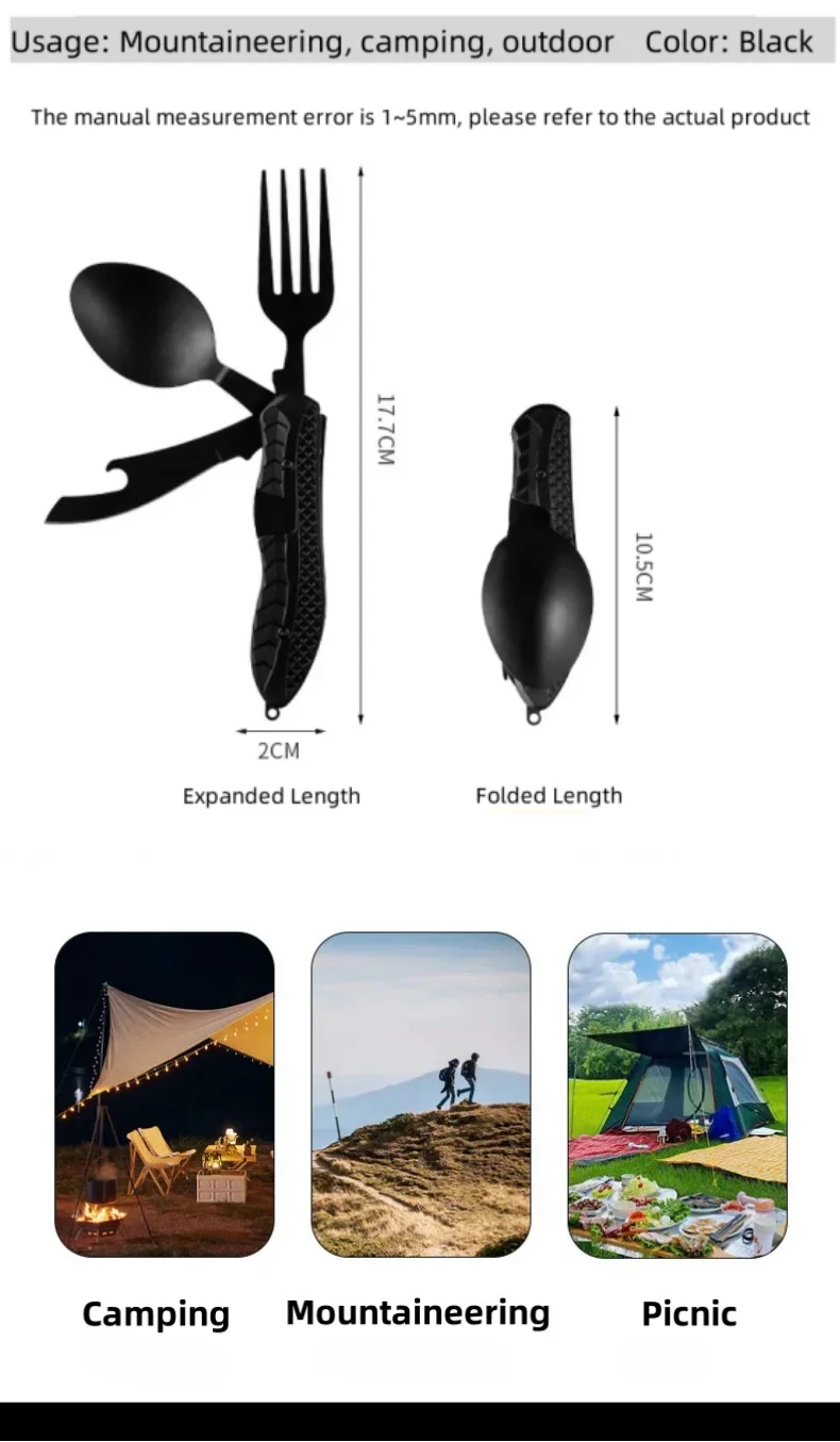 Outdoor Camping Utensils Portable Stainless Steel Foldable Spoon Fork Knife Bottle Opener Combo Set Cutlery Tableware Multitool