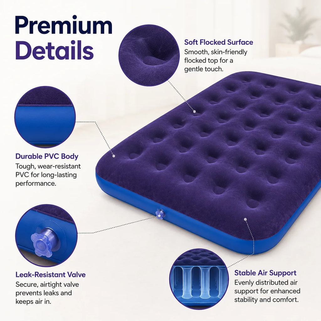 1PC Inflatable Air Mattress Bed with Built-in Pump, Flocked Surface Durable Portable Air Bed for Home Guest Camping Travel