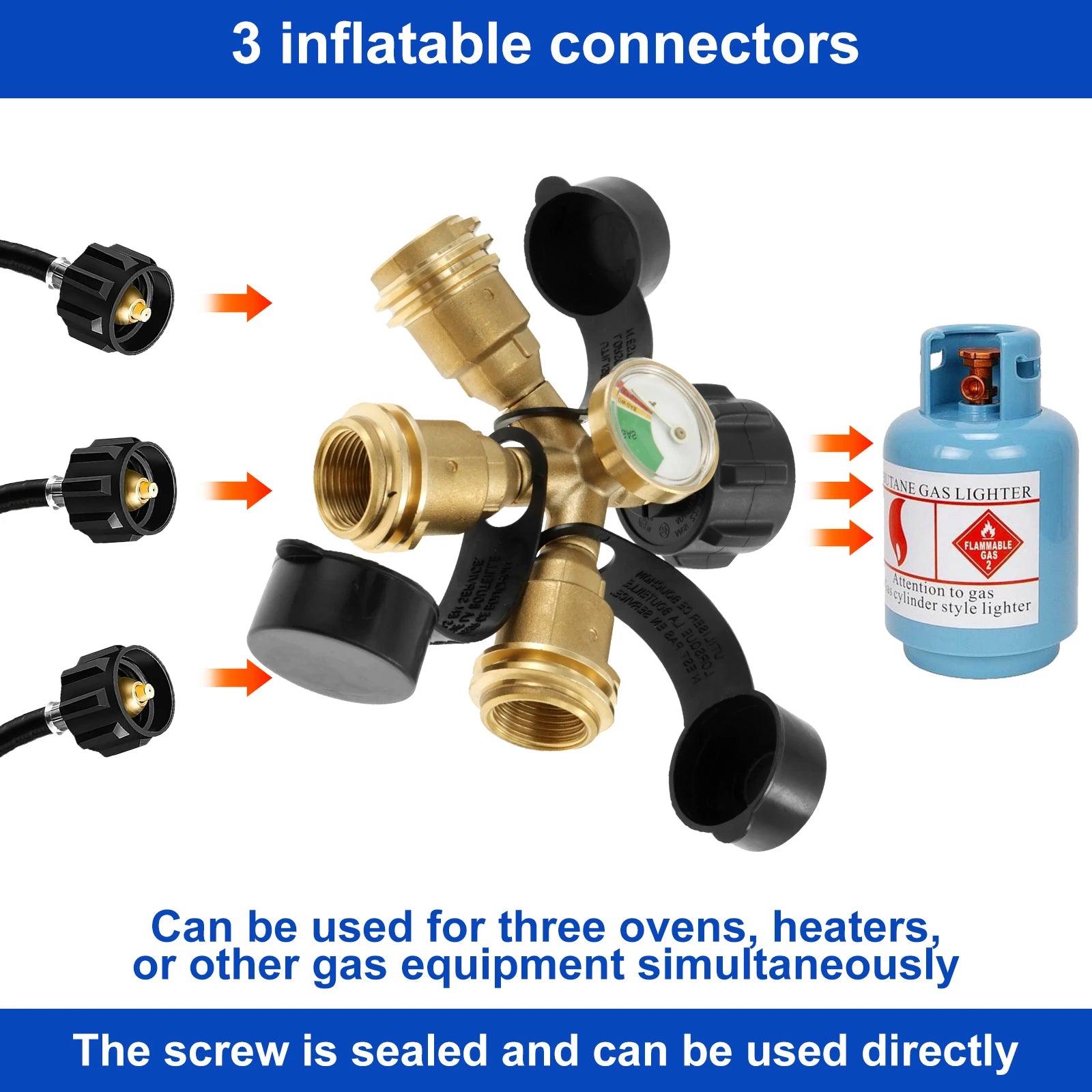 1/2/3 Way Propane Splitter with Gauge Brass Propane Tank 3Y Splitter Adapter Premium Propane Gas Splitter QCC1/Type1 Propane