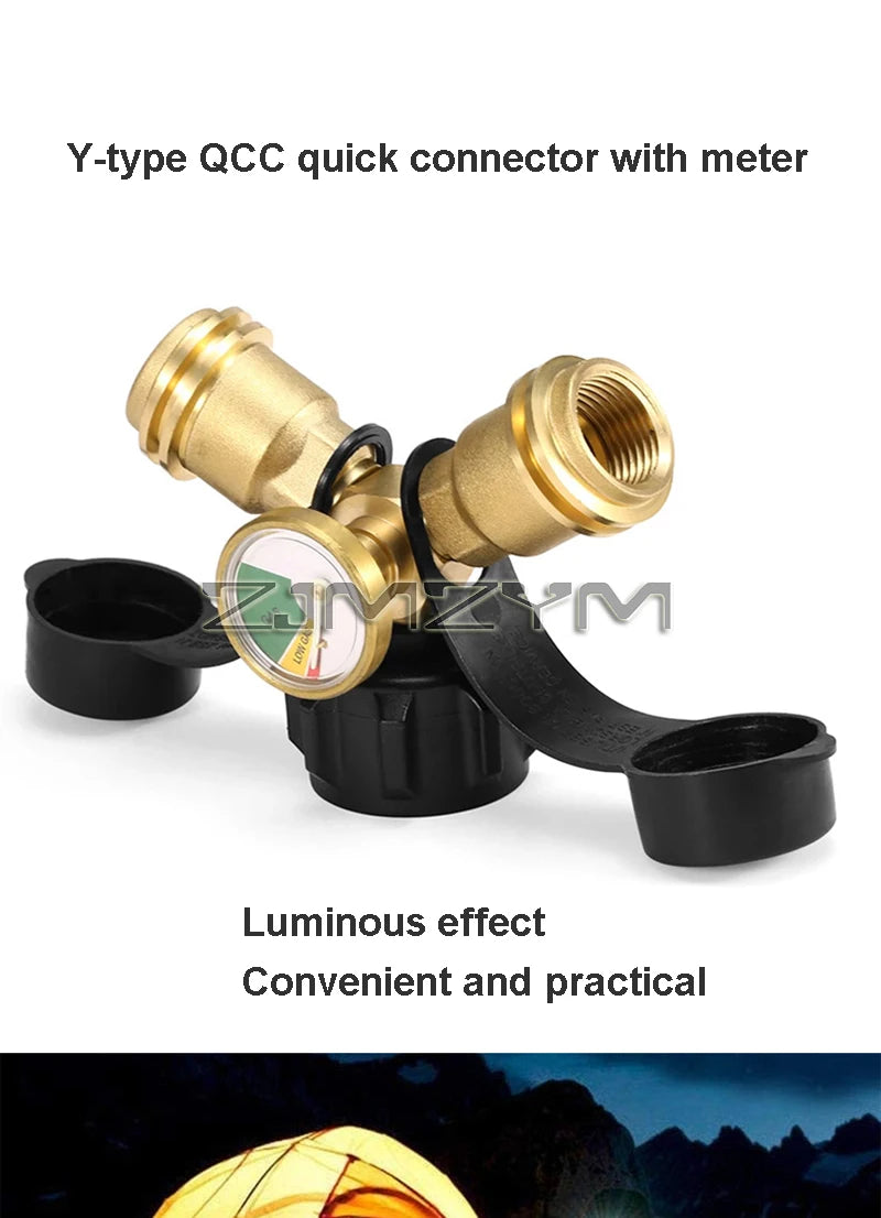 Propane Splitter, Propane Tank Y Splitter Adapter With Gauge, 2 Way Gas Adapter Tee Connector For Propane Tank Cylinder