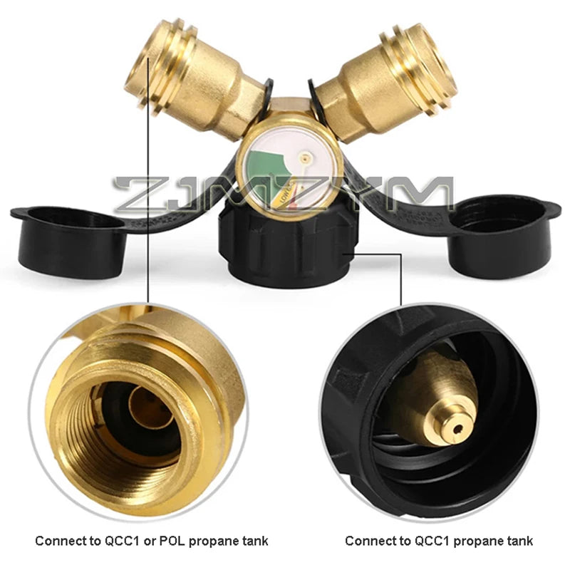 Propane Splitter, Propane Tank Y Splitter Adapter With Gauge, 2 Way Gas Adapter Tee Connector For Propane Tank Cylinder
