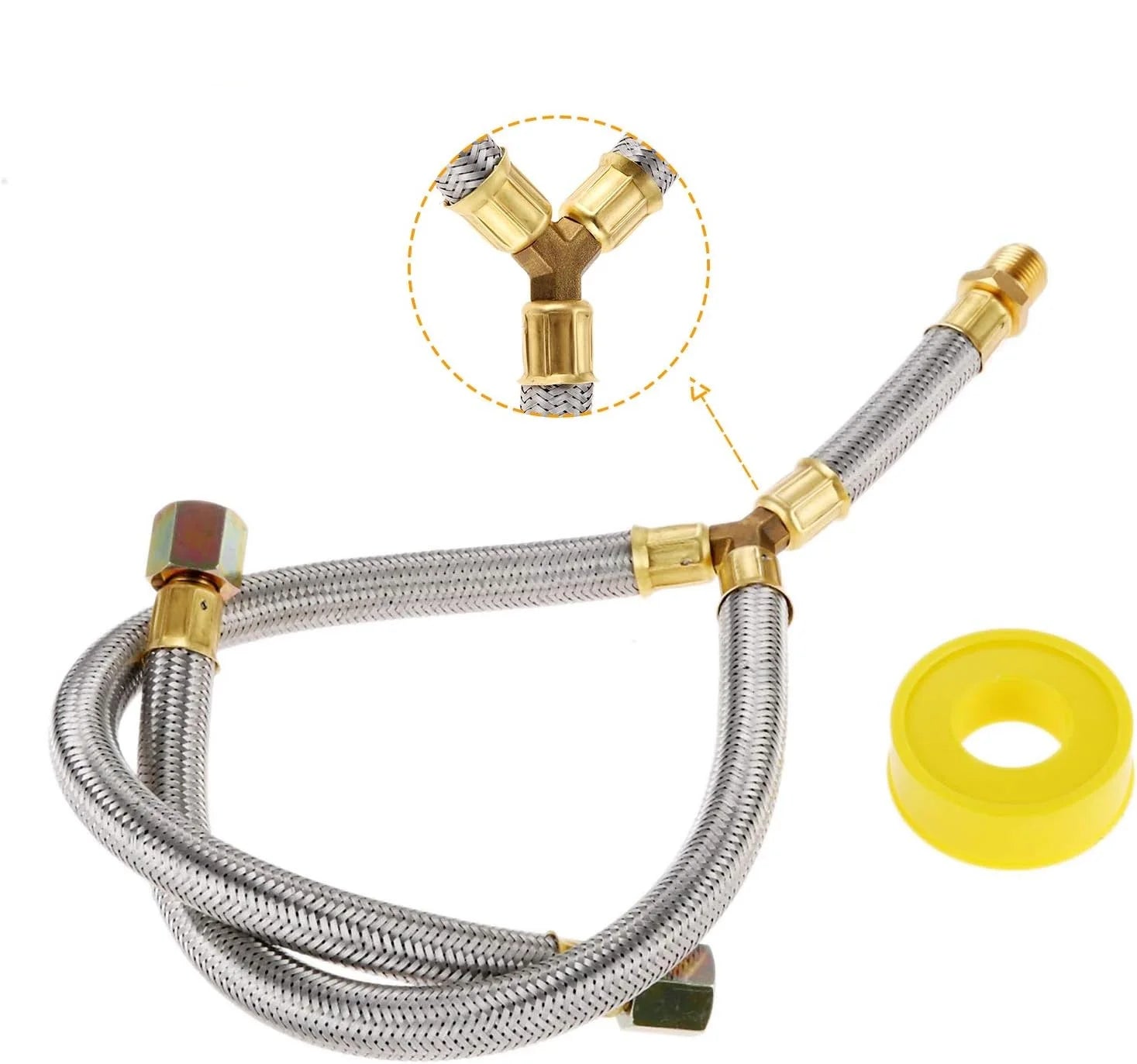 Propane Grill Y-Splitter Extension Adapter Braided Hose Length 15 with 3/8" Flare Connection with Gas Line Pipe Thread Tape Kit