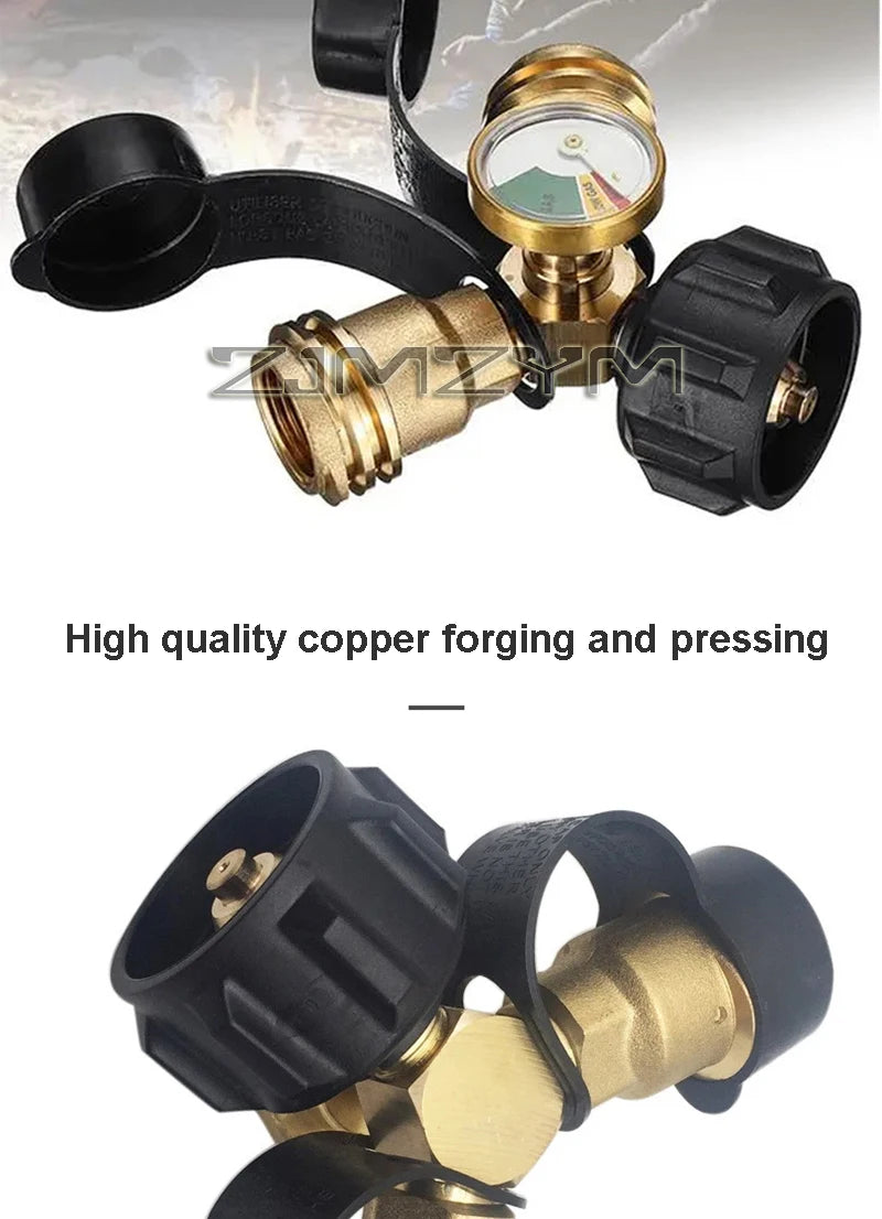 Propane Splitter, Propane Tank Y Splitter Adapter With Gauge, 2 Way Gas Adapter Tee Connector For Propane Tank Cylinder