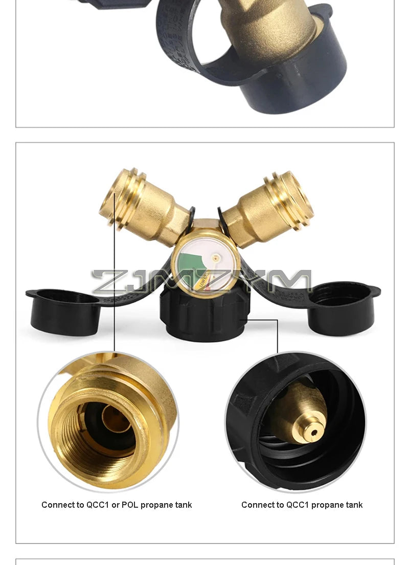 Propane Splitter, Propane Tank Y Splitter Adapter With Gauge, 2 Way Gas Adapter Tee Connector For Propane Tank Cylinder