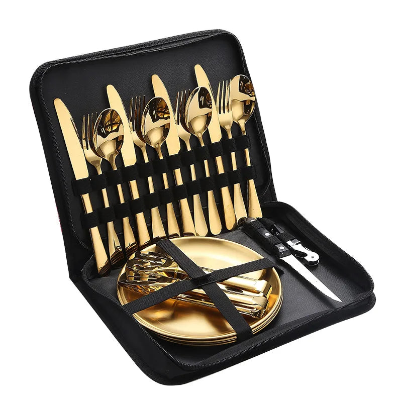 Ultimate Camping Tableware Set with Bag Portable Cutlery Kit for Outdoors Camping Utensils Including Steak Knives,Forks,Spoons