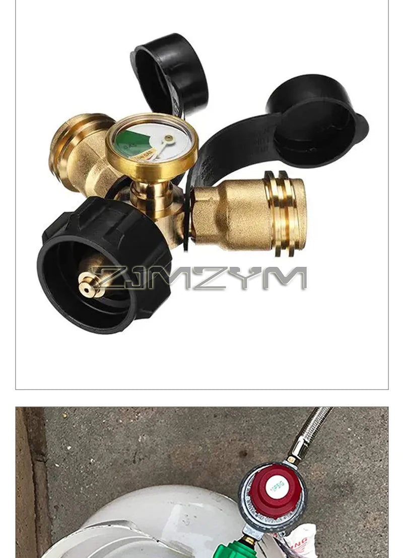 Propane Splitter, Propane Tank Y Splitter Adapter With Gauge, 2 Way Gas Adapter Tee Connector For Propane Tank Cylinder