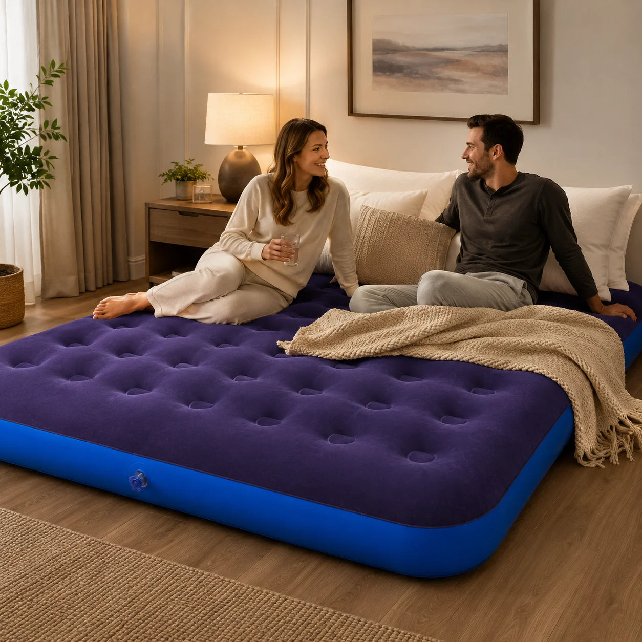 1PC Inflatable Air Mattress Bed with Built-in Pump, Flocked Surface Durable Portable Air Bed for Home Guest Camping Travel