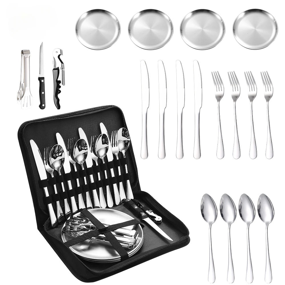 Ultimate Camping Tableware Set with Bag Portable Cutlery Kit for Outdoors Camping Utensils Including Steak Knives,Forks,Spoons