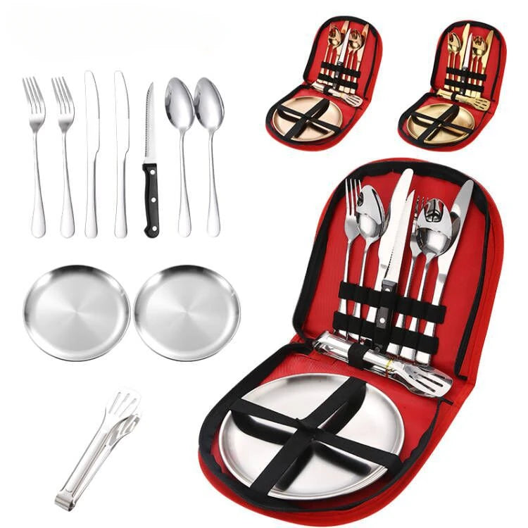 Ultimate Camping Tableware Set with Bag Portable Cutlery Kit for Outdoors Camping Utensils Including Steak Knives,Forks,Spoons
