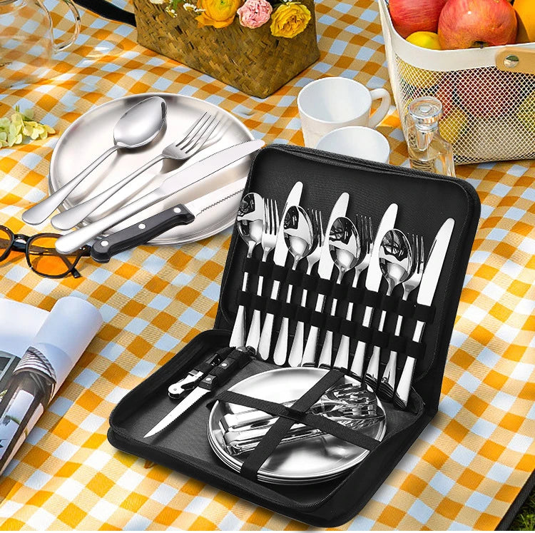 Ultimate Camping Tableware Set with Bag Portable Cutlery Kit for Outdoors Camping Utensils Including Steak Knives,Forks,Spoons