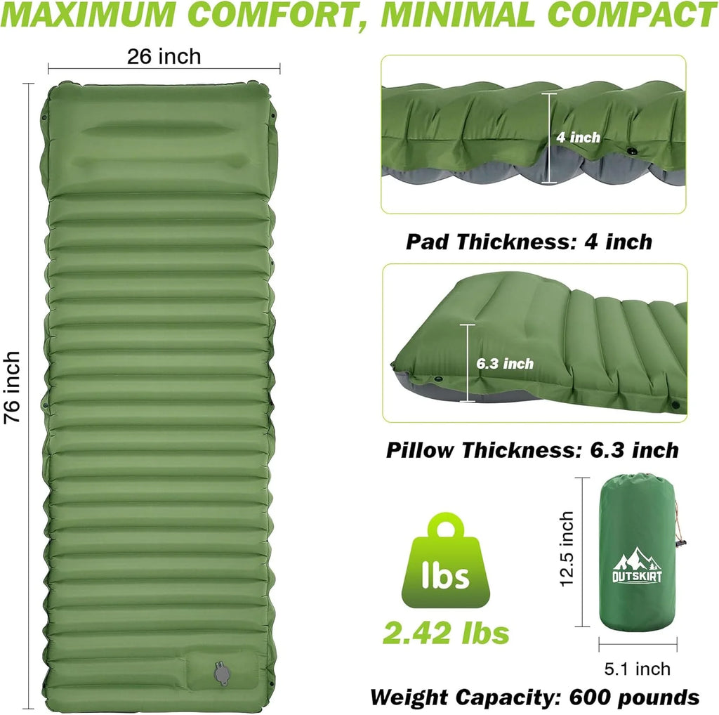 Inflatable Sleeping Pad with Pillow， Portable Air Mattress for Camping, Hiking & Outdoor Travel