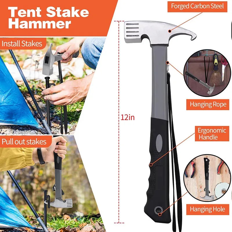 Tent Stakes Heavy Duty & Hammer Set  Steel Tent Pegs+Storage Bag +Fluorescent Rubber Circle for Camping Grassland,Canopies