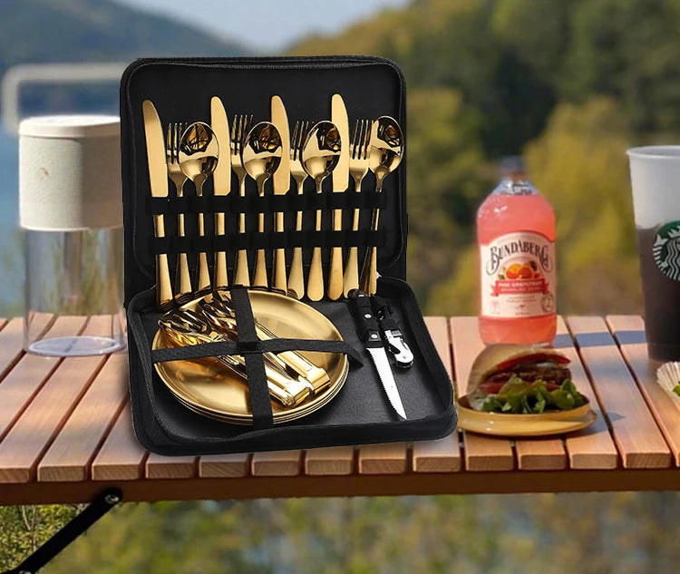 Ultimate Camping Tableware Set with Bag Portable Cutlery Kit for Outdoors Camping Utensils Including Steak Knives,Forks,Spoons
