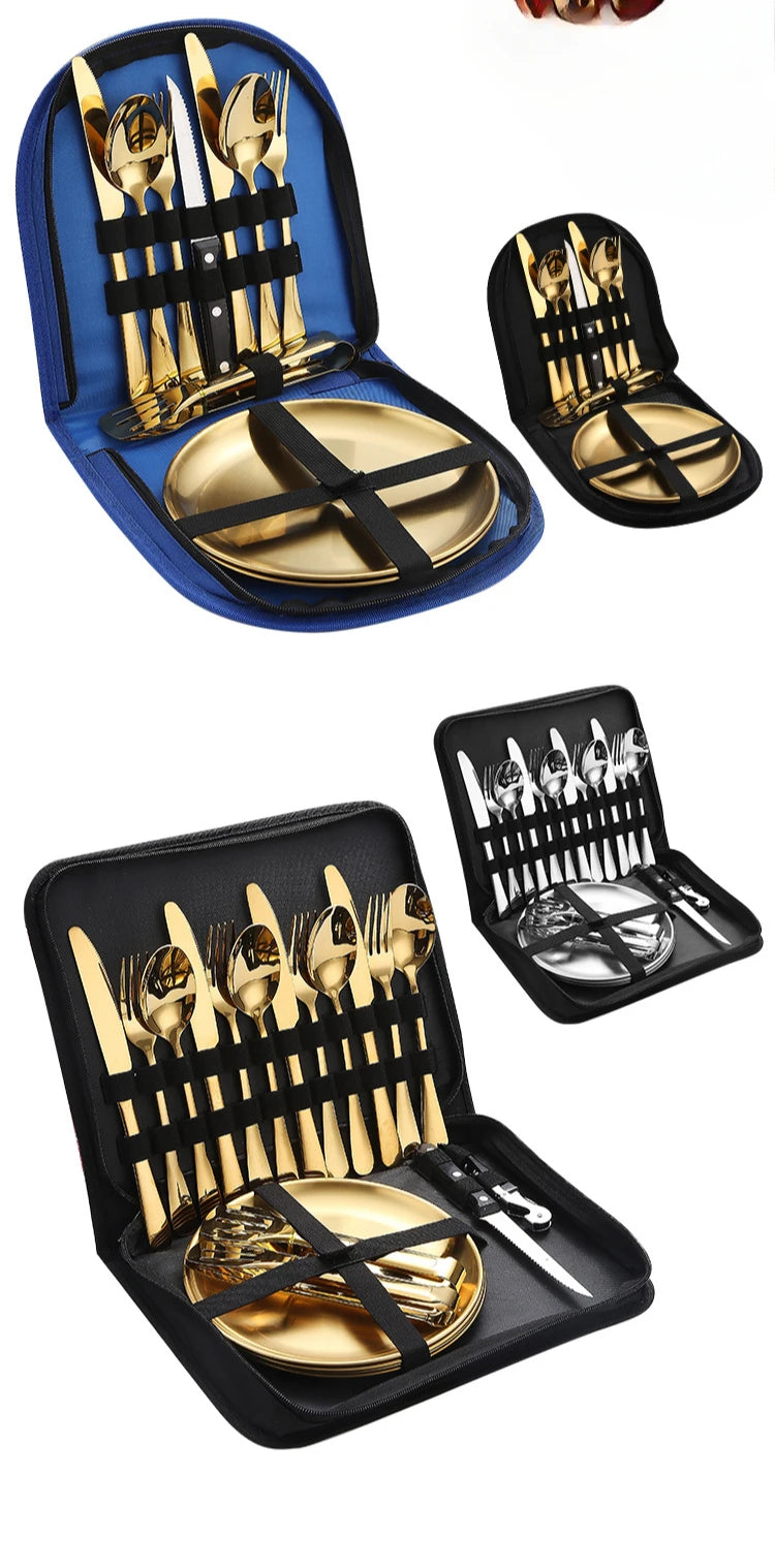 Ultimate Camping Tableware Set with Bag Portable Cutlery Kit for Outdoors Camping Utensils Including Steak Knives,Forks,Spoons