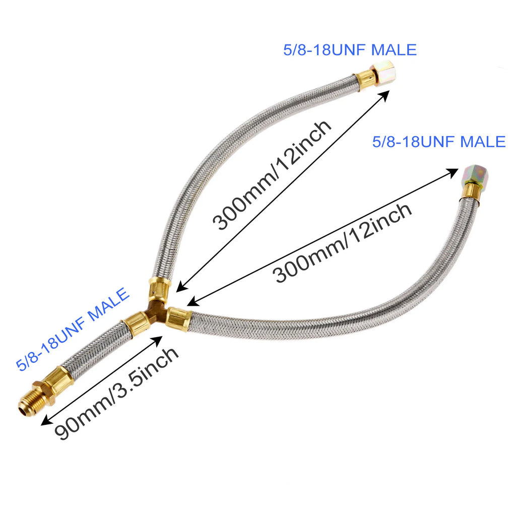 Propane Grill Y-Splitter Extension Adapter Braided Hose Length 15 with 3/8" Flare Connection with Gas Line Pipe Thread Tape Kit