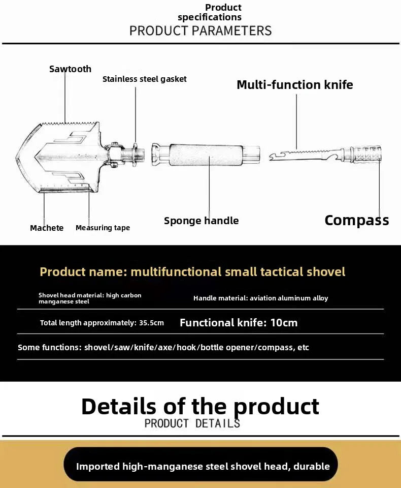 Hot selling car mounted outdoor equipment, multifunctional folding engineering shovel, convenient military shovel, camping tool