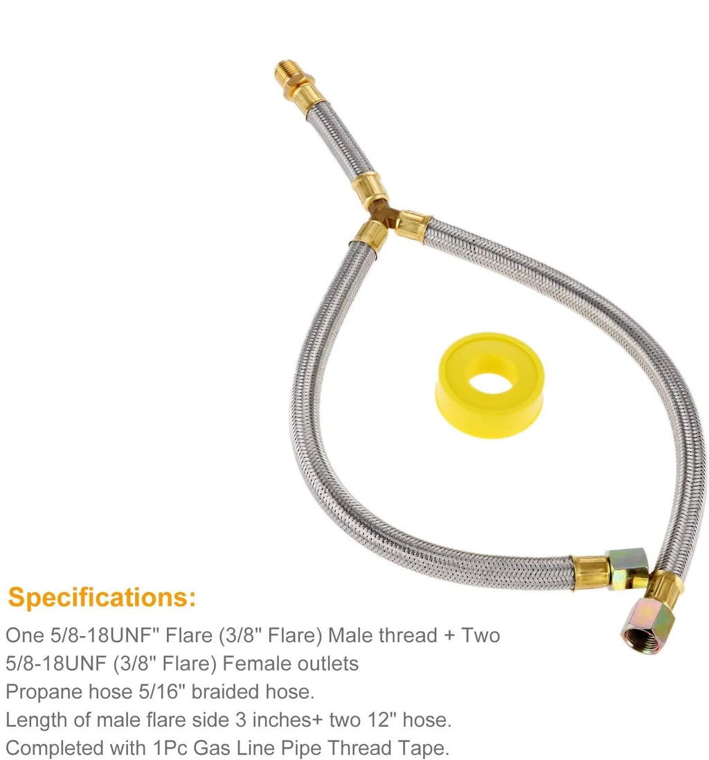 Propane Grill Y-Splitter Extension Adapter Braided Hose Length 15 with 3/8" Flare Connection with Gas Line Pipe Thread Tape Kit