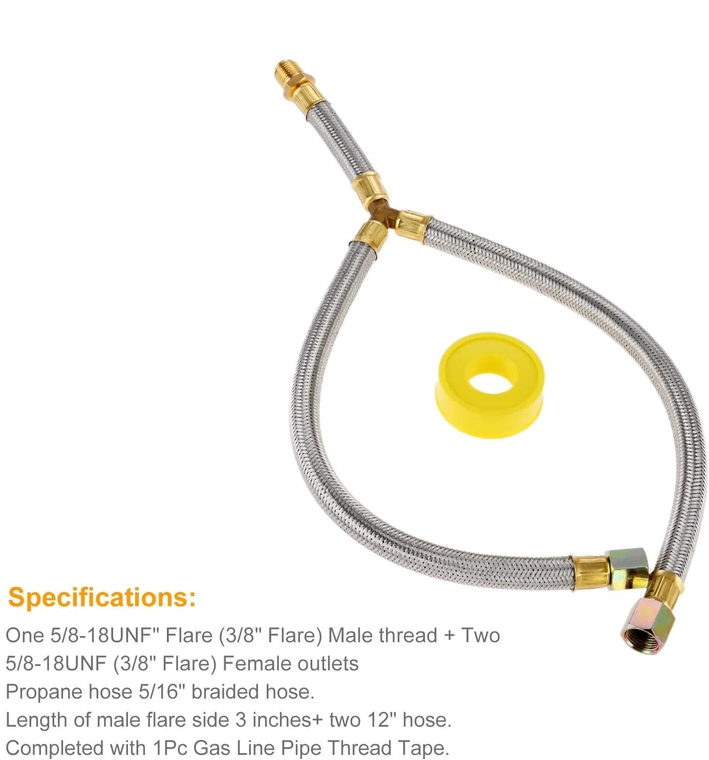 Propane Grill Y-Splitter Extension Adapter Braided Hose Length 15 with 3/8" Flare Connection with Gas Line Pipe Thread Tape Kit