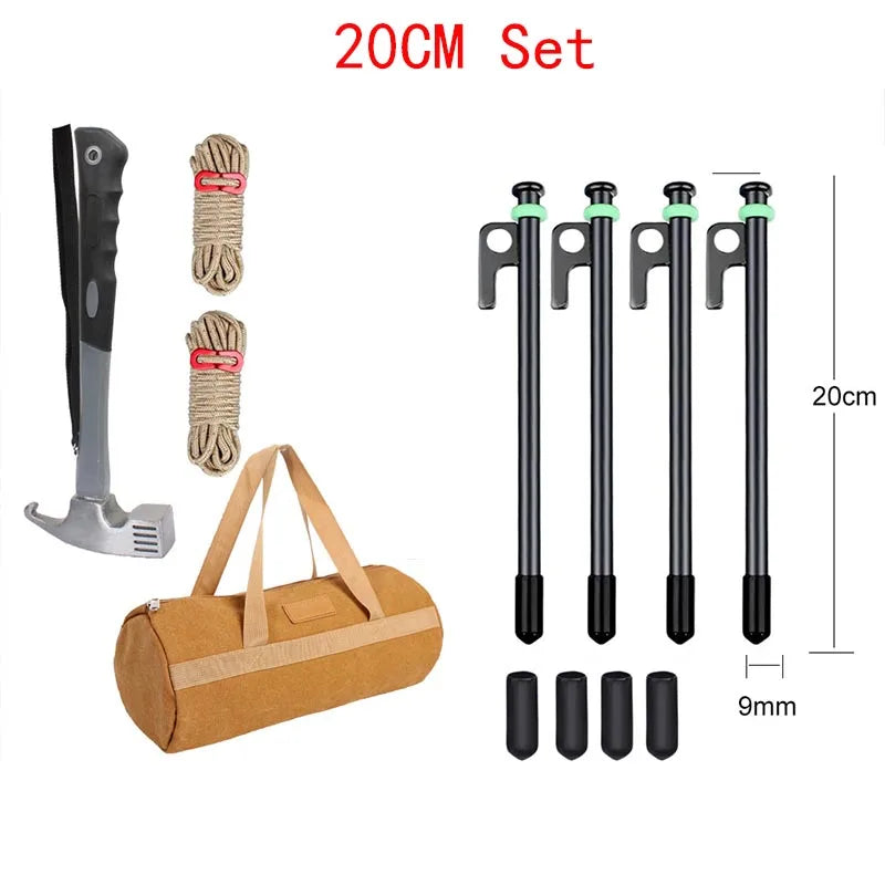 Tent Stakes Heavy Duty & Hammer Set  Steel Tent Pegs+Storage Bag +Fluorescent Rubber Circle for Camping Grassland,Canopies