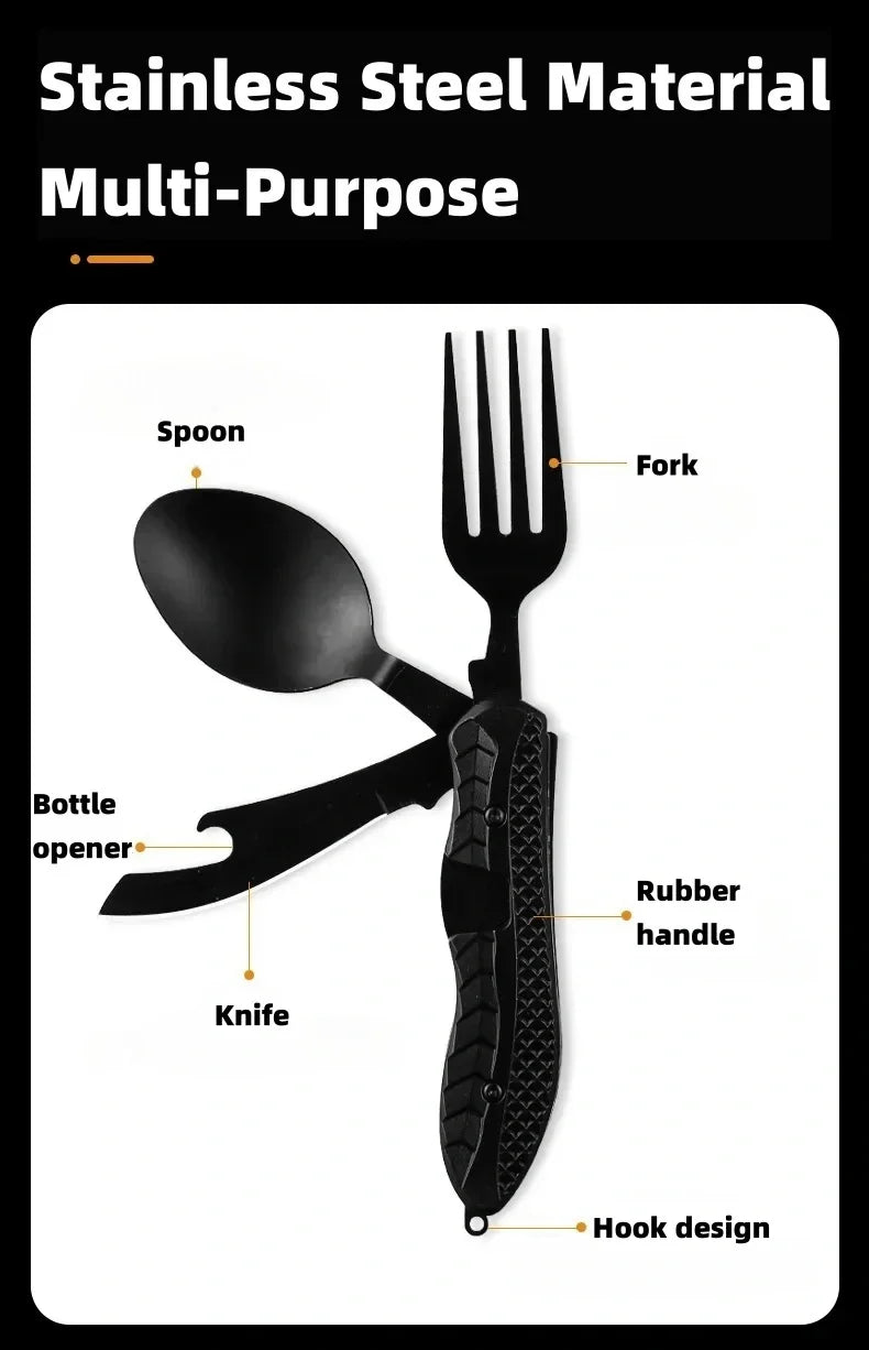 Outdoor Camping Utensils Portable Stainless Steel Foldable Spoon Fork Knife Bottle Opener Combo Set Cutlery Tableware Multitool
