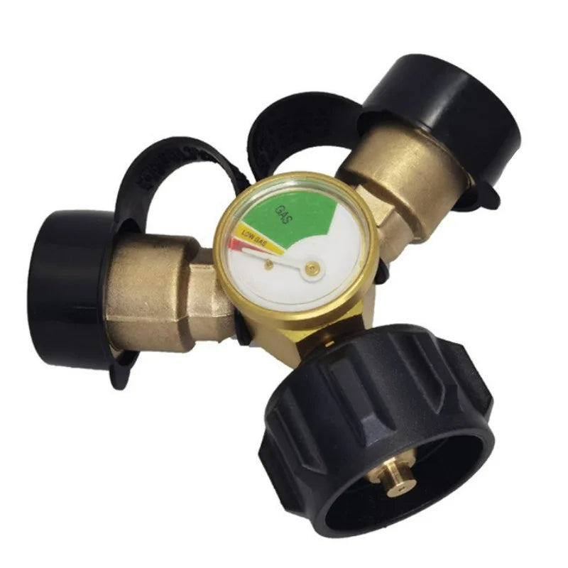 Propane Splitter, Propane Tank Y Splitter Adapter With Gauge, 2 Way Gas Adapter Tee Connector For Propane Tank Cylinder