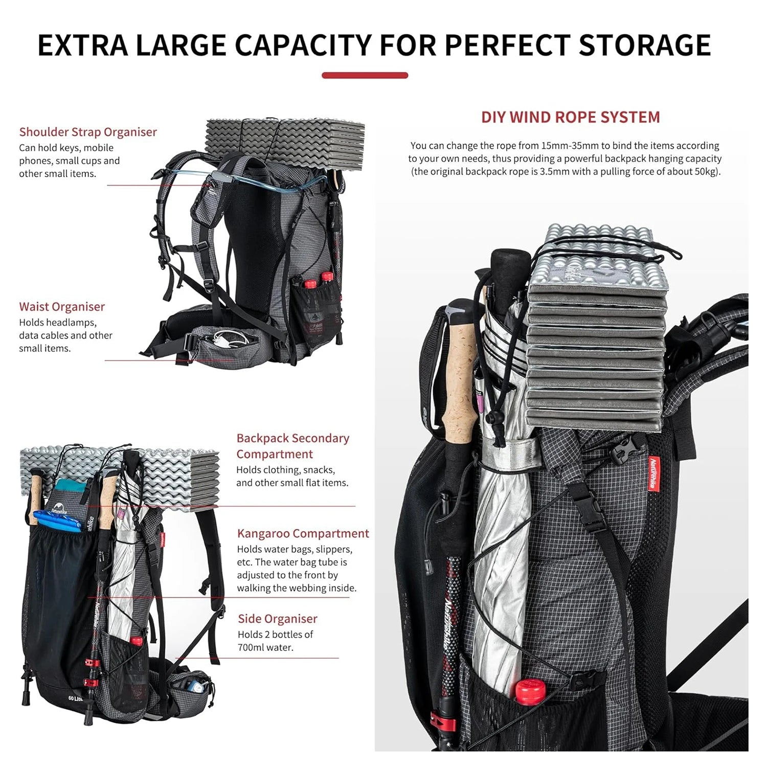 Naturehike 60+5L Waterproof Hiking Backpack