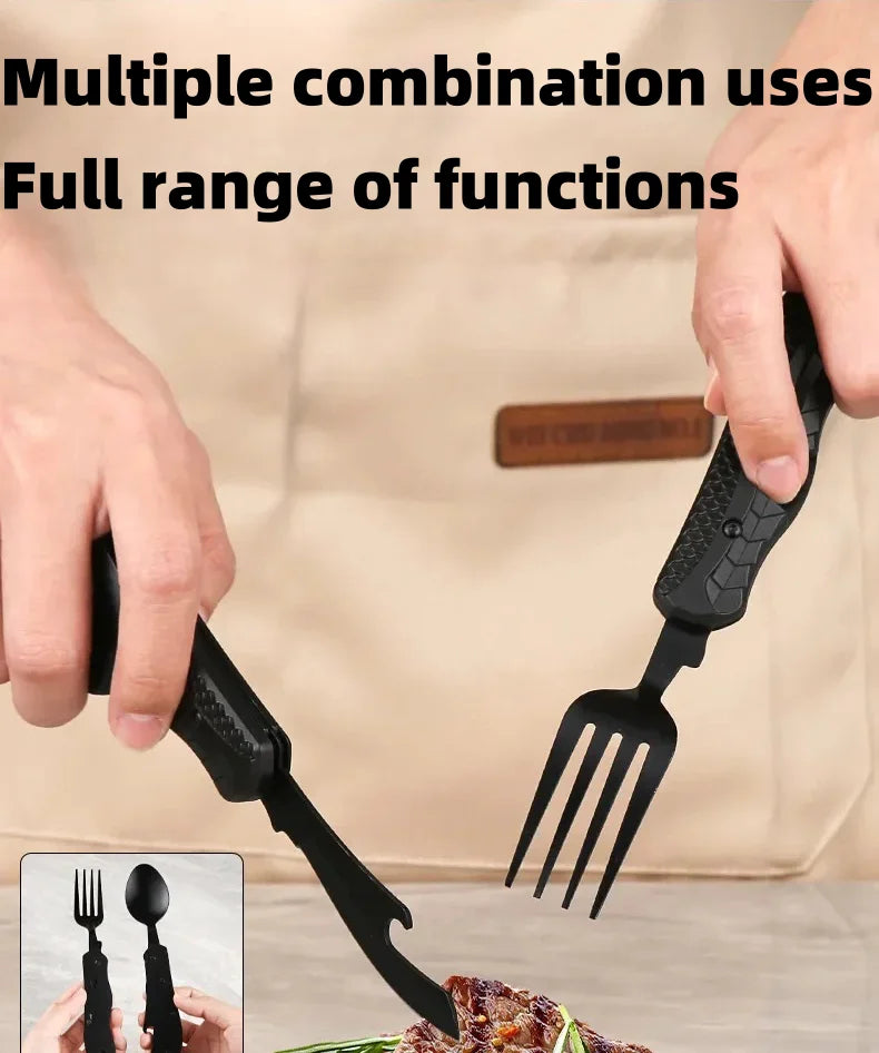 Outdoor Camping Utensils Portable Stainless Steel Foldable Spoon Fork Knife Bottle Opener Combo Set Cutlery Tableware Multitool