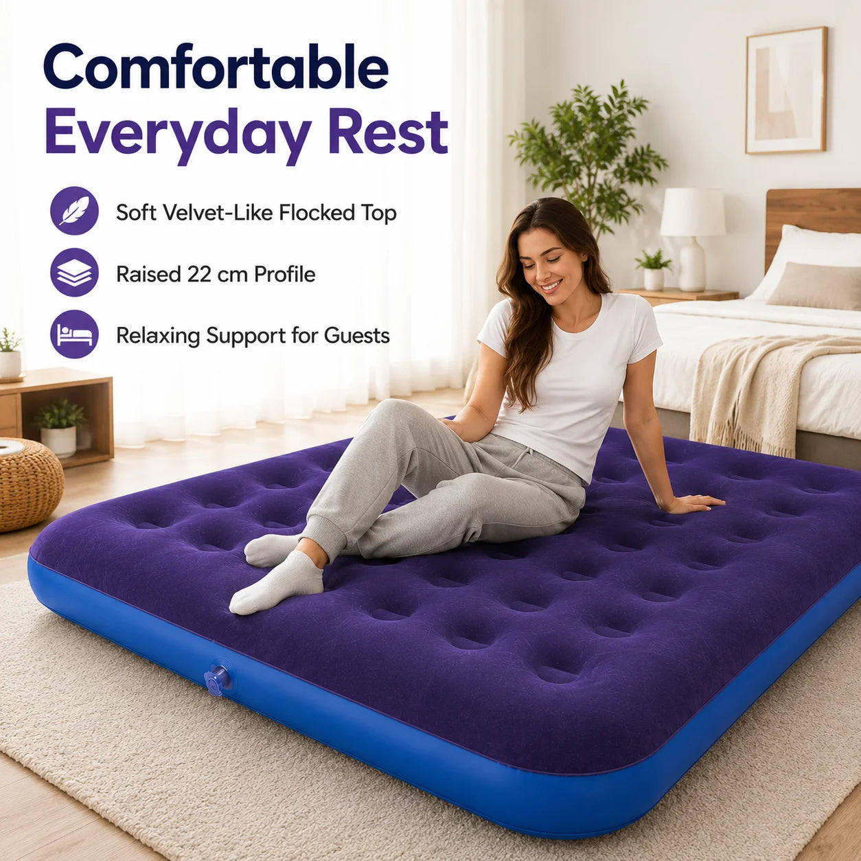 1PC Inflatable Air Mattress Bed with Built-in Pump, Flocked Surface Durable Portable Air Bed for Home Guest Camping Travel