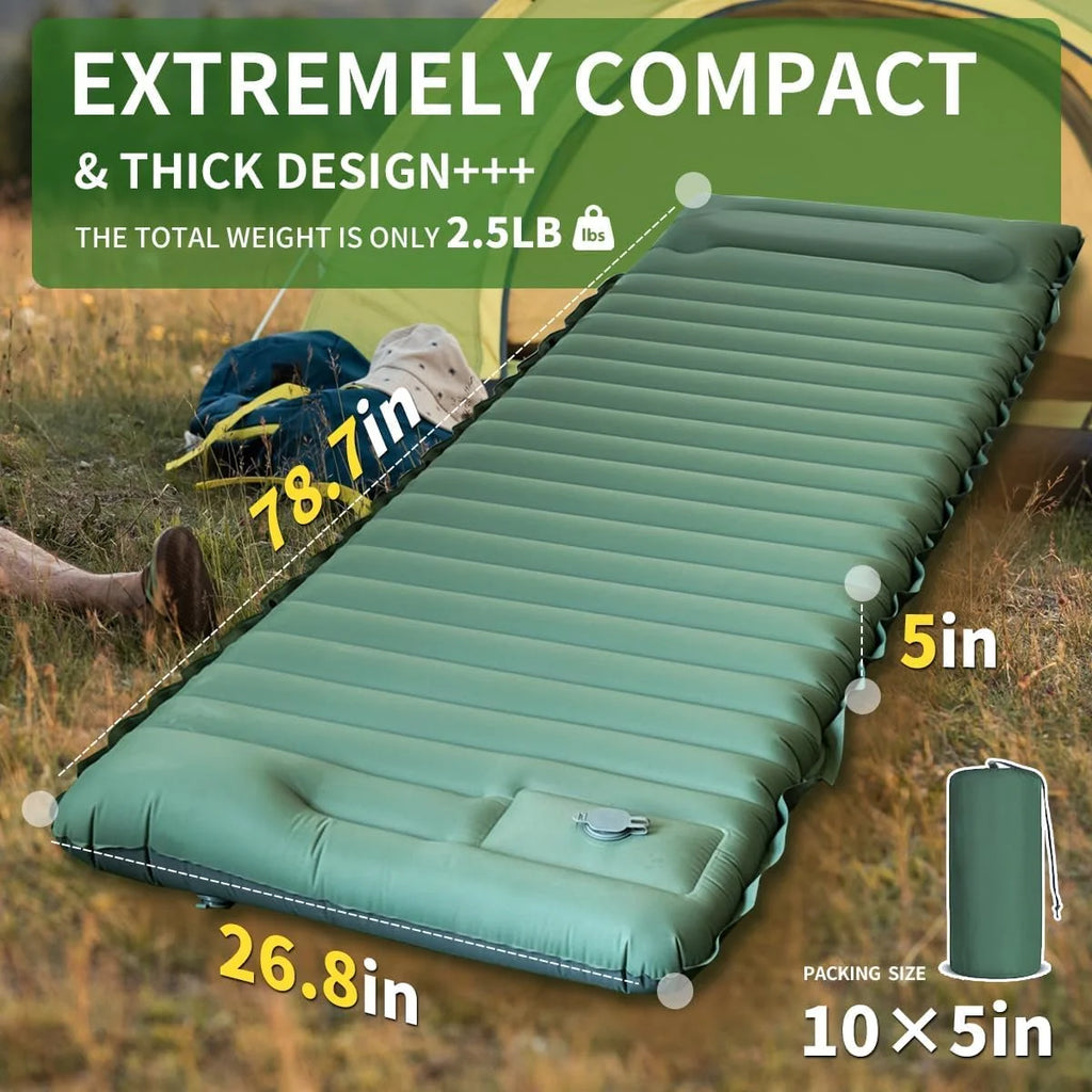 Inflatable Sleeping Pad with Pillow， Portable Air Mattress for Camping, Hiking & Outdoor Travel
