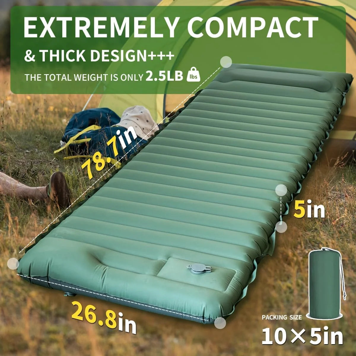 Inflatable Sleeping Pad with Pillow， Portable Air Mattress for Camping, Hiking & Outdoor Travel