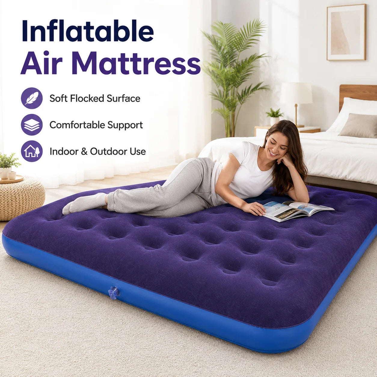 1PC Inflatable Air Mattress Bed with Built-in Pump, Flocked Surface Durable Portable Air Bed for Home Guest Camping Travel