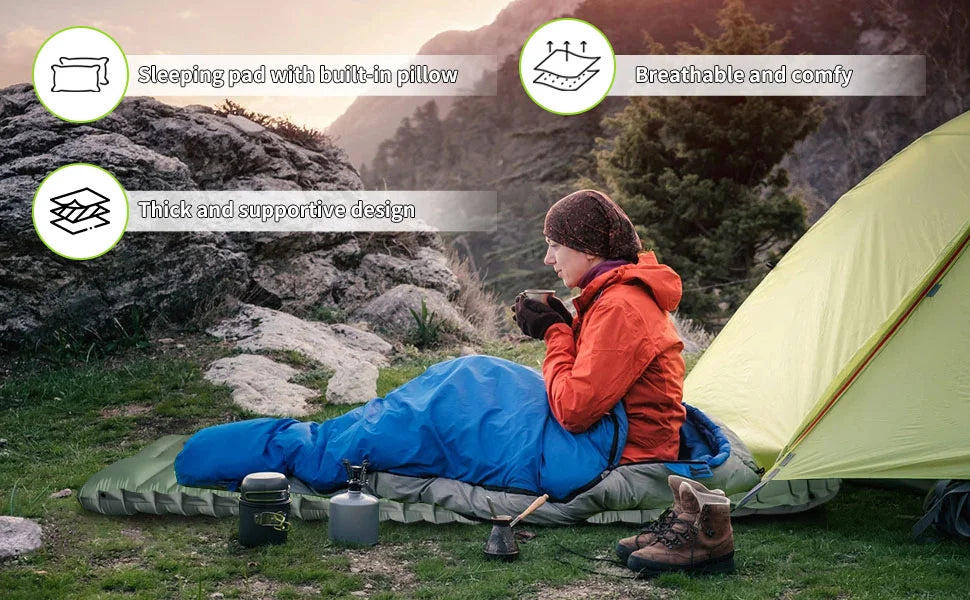 Inflatable Sleeping Pad with Pillow， Portable Air Mattress for Camping, Hiking & Outdoor Travel