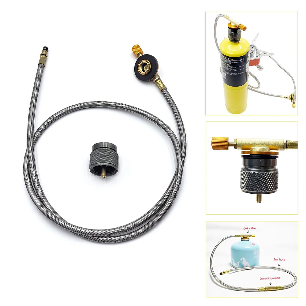 Gas Canister Extension Hose with Control Valve 100cm Stainless Steel Braided Tube with Mapp Gas Adaptor for Camping Stove