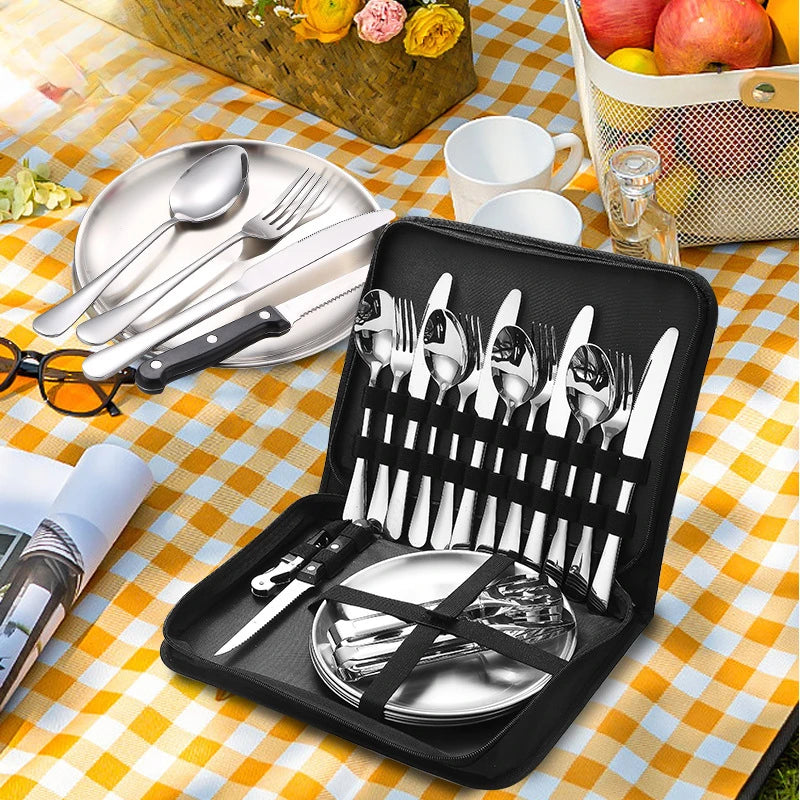 Ultimate Camping Tableware Set with Bag Portable Cutlery Kit for Outdoors Camping Utensils Including Steak Knives,Forks,Spoons