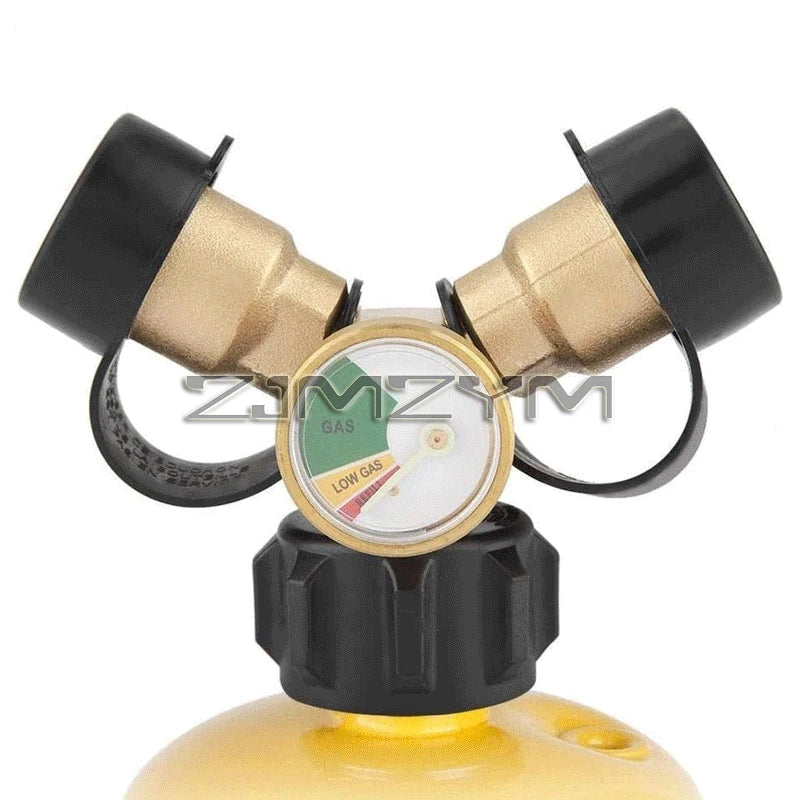 Propane Splitter, Propane Tank Y Splitter Adapter With Gauge, 2 Way Gas Adapter Tee Connector For Propane Tank Cylinder