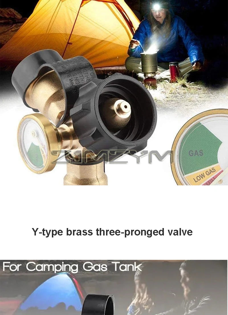 Propane Splitter, Propane Tank Y Splitter Adapter With Gauge, 2 Way Gas Adapter Tee Connector For Propane Tank Cylinder